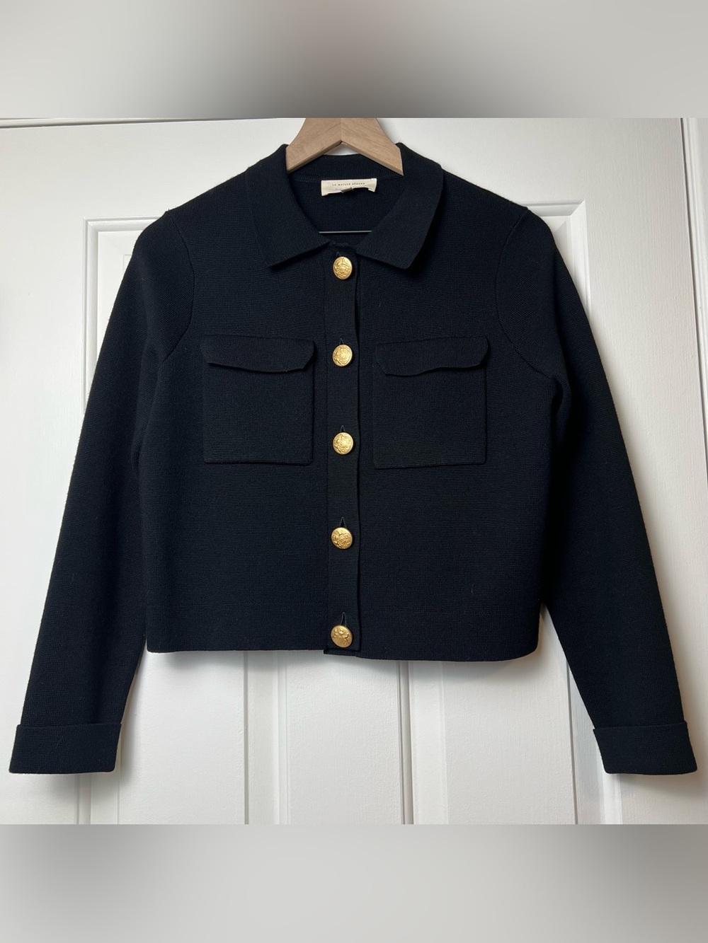 Sezane Betty Cardigan Sweater Merino Wool in Black with Gold Buttons (Size XS)